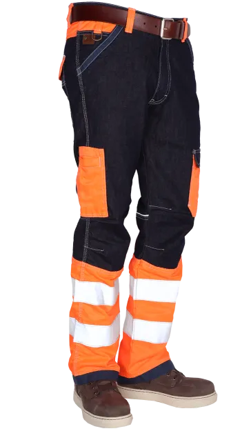 High visibility werkbroek oranje reflectie striping online bestellen